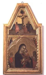 Madonna e Criança com São João Batista e Santa Catarina, com a cena da Crucificação acima