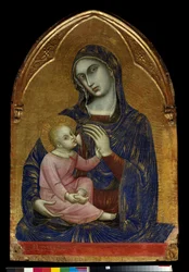 A Virgem e o Menino Maria amamentam Jesus Cristo que tem um colar de coral. Pintura em madeira de Barnaba da Modena (conhecida de 1361 a 1383) Dim. 1,09x0,72 m Paris, Musee du Louvre.