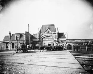 Union Stock Yards gate na Exchange Avenue, Chicago, Illinois, EUA, c.1905 (foto a p/b)