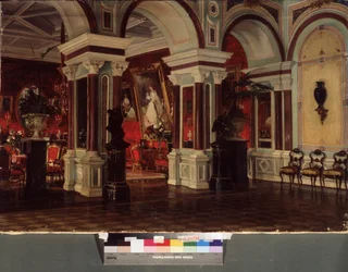 Sala de desenho. Descrição da arquitectura e decoração (mobiliário, pintura). Pintura de Ernest Karlovich Liphart (1847-1932), óleo sobre tela
