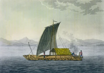 Uma jangada a sair do porto de Guayaquil, Equador, de «Le Costume Ancien et Moderne», volume II, prancha 9, por Jules Ferrario, gravada por Paolo Fumagalli, publicada c. anos 1820-30