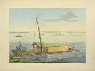 Jangada no rio Guayaquil, desenhada por Marchais, gravada por Bouquet, ilustração de «Vues des Cordillères et Monumens des Peuples Indigènes de l