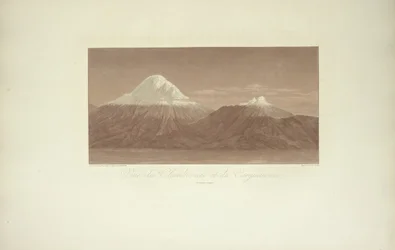 Vista do Chimborazo e do Carguairazo, desenhada por Gmelin, gravada por Arnold, ilustração de «Vues des Cordillères et Monumens des Peuples Indigènes de l