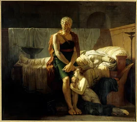O regresso de Marco Sexto, Marco Sexto (figura imaginária), fugido às proscrições de Sula, encontra no seu regresso a filha em lágrimas junto da mulher morta - Pintura de Pierre Narcisse (Pierre-Narcisse) Guérin (1774-1833), 1799, dimensões 2,17 x 2,43 m