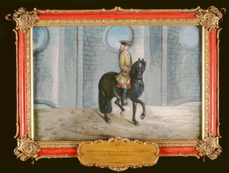 No. 17 Um cavalo baio escuro da Escola de Equitação Espanhola que executa um passo de adestramento de ombro-em-cima (wc em papel)