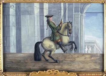 No. 27 Um cavalo cinza da Escola de Equitação Espanhola que executa um movimento de adestramento chamado o Levade (wc em papel)