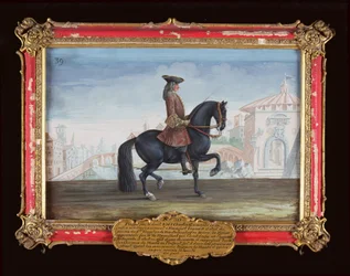 Não. 39 Le Soberbe, um cavalo da Escola de Equitação Espanhola que executa um movimento de adestramento chamado Piaffe (wc no papel)
