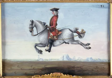 No. 51 Um cavalo cinzento malhado da Escola de Equitação Espanhola que executa um movimento de adestramento chamado um Capriole (wc em papel)