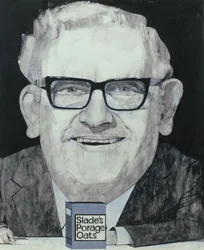 Retrato, de, ronnie, barker, ilustração, para, a, ouvinte, 1970s, (guache, board)