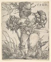 Soldado de infantaria na frente de uma árvore, meados do século XVII.
