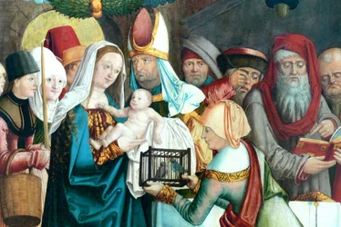 Alemão: Ala do antigo altar-mor da Frauenkirche com cenas da Virgem Maria Altar Welser: Apresentação da Virgem Maria e de Jesus no Templo