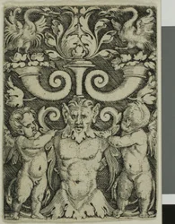 Ornamento com um meio-comprimento masculino entre dois gênios