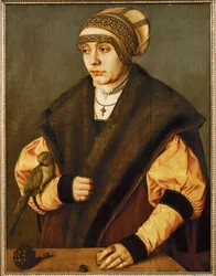 Retrato de uma mulher com papagaio (pintura sobre madeira de tília)