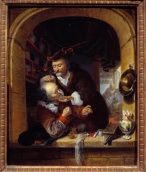 Medicamentos: "um médico faz uma pequena hemorragia para tratar as dores de cabeça do seu paciente" Pintura de Bartholomeus Maton (1643-1684) Sol do século XVII. 0,27x0,21 m Paris, Musee du Petite Palais