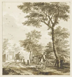 Paisagem com figuras e um cavalo e carruagem