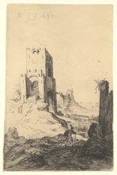 Vista da Ponte Mammolo, uma ponte ao fundo, uma torre com rampa no meio-termo ..., 1639.