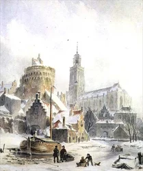 Crianças Brincando em um Rio Congelado, Deventer Cathedral Beyond