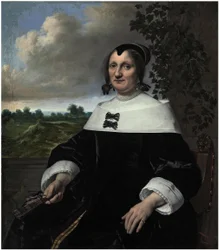 Retrato de uma senhora, provavelmente Hester du Pire, sentada diante de uma balaustrada, segurando um leque, com vista para o mar