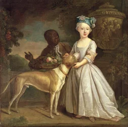 Uma jovem com um cachorro e um pajem