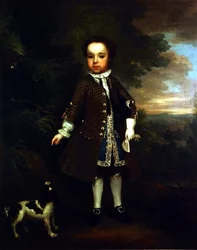 Retrato de um rapazinho com um spaniel e um papagaio