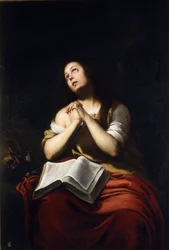 ""Marie Madeleine repentante"" (Maria Madalena Arrependida) Pintura de Bartolome Esteban Murillo (1617-1682) - vers 1650 - Óleo sobre tela Dim 20x15 cm Real Academia de Bellas Artes de San Fernando, Madrid