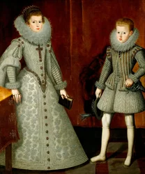 "Retrato de Ana da Áustria e seu irmão Felipe (depois Felipe IV da Espanha)" (O Infante Felipe, depois Rei Felipe IV da Espanha (1605-1665) e sua irmã Ana da Áustria (1601-1666)) Pintura de Bartolome González y Serrano (1564-1627)
