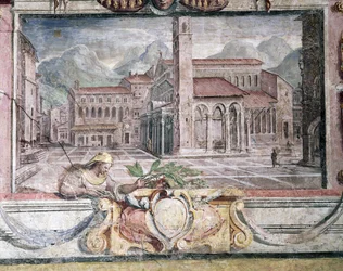 Quarto, detalhe, de, frieze, descrevendo, cidades, sob, Medici, regra, Pistoia, 1564-75, fresco