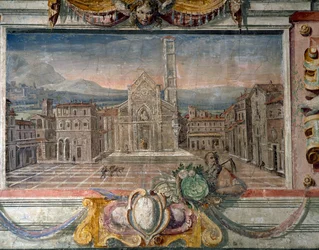 Quarto, detalhe do friso representando cidades sob o domínio de Medici, possivelmente Lucca, 1564-75 afresco