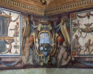 A Sala do Granduca di Toscana Hall do Grão-Duque da Toscana detalhe do friso representando os signos do zodíaco, o rinoceronte, 1564-75 afresco