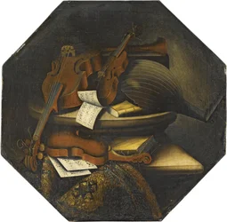 Uma natureza-morta com um alaúde, um violoncelo, um violino e partituras sobre um parapeito de pedra ao lado de um tapete