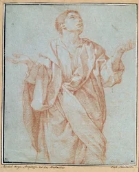 Homem drapeado, braços abertos, olhos erguidos para o céu, cabeça inclinada desenhando a la sanguine por Bartolomeo Cesi (1556-1620) Dim. 0,28 x 0,23 m Paris. Museu do Louvre