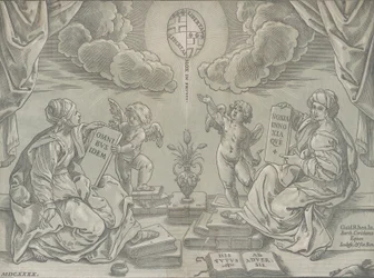 Alegoria de uma tese, duas mulheres seguram tabuletas com inscrições, 1640.