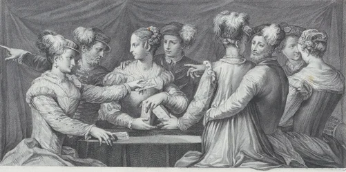 Um grupo de pessoas elegantemente vestidas jogando cartas, 1740-68