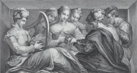 Um grupo de pessoas elegantemente vestidas tocando harpa e violão, 1740-68