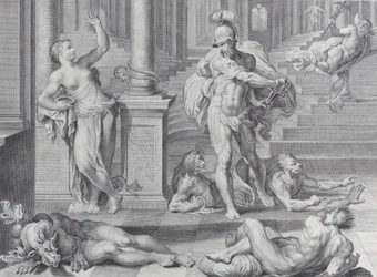 Placa 10: Ulisses obrigando Circe a restaurar as formas humanas de seus companheiros, que ela tinha ..., 1756