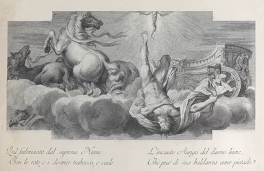 Gravura 34: Auriga, o cocheiro, cai da carruagem ao centro, com três cavalos a l..., 1756