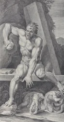 Placa 7: o cego Polifemo, guardando a entrada de sua caverna, com Ulisses e seu..., 1756