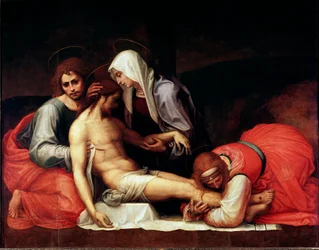 Deposição Pintura, por Bartolomeo della Porta dit Fra Bartolomeo (1472-1517) Dim. 158x199 cm Florence, Palazzo Pitti, Galleria Palatina - The Deposition, por Bartolomeo della Porta a.k.a. Fra Bartolomeo (1472-1517). Óleo sobre madeira