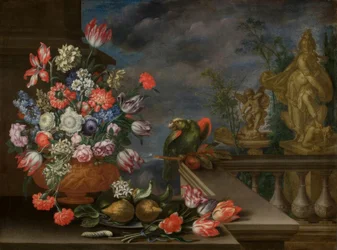 Natureza morta com vaso de flores, frutas cítricas, papagaio e escultura de fonte