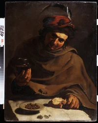 O pequeno-almoço. Pintura por Bartolomeo Manfredi (1587-1622). Óleo sobre tela. Arte italiana, estilo barroco. Museu Estatal de Arte, Kharkiv ou Kharkov, Ucrânia.