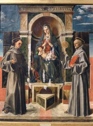 Madonna e Child entronizaram entre São Francisco e São Bernardino de Siena, c.1490