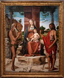 Madonna com o menino Jesus sob uma pérgola entre os Santos João Baptista e Onuphriusm 1485-86 (óleo sobre painel)