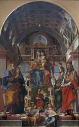 A Virgem e o Menino entronizaram-se com santos e anjos fazendo música, 1499.