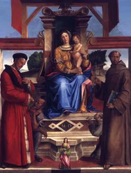 Maria entronizada com o Menino Jesus, os santos Homobono, Francisco de Assis, Catarina de Alexandria e o doador Bernadino da Feltre (falecido em 1494)
