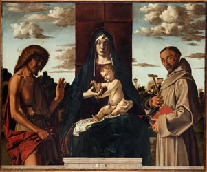 Virgem e Criança com os Santos Francisco e João Baptista par Montagna, Bartolomeo (1449-1523). Óleo sobre madeira, tamanho : 148x180, ca 1485, Fondazione Cini, Venezia