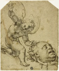 Dois esboços: Putto ajoelhado segurando uma cabeça (anverso) Pormenores de uma criança masculina nua (verso)