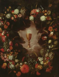 Cálice rodeado de flores e frutas