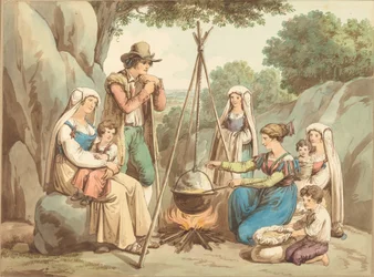 Uma família camponesa cozinhando sobre uma fogueira