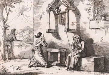 Uma filha orando à Madonna por sua mãe doente, gravada por Bartolomeo Pinelli (Roma
