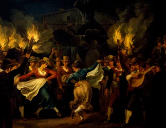 Bailarinos, detalhe da dança noturna na Piazza Barberini em Roma após a colheita, por Bartolomeo Pinelli (1781-1835), Itália